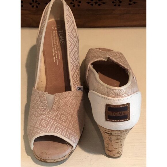 Women's TOMS Cream / Tan Canvas Open Toe Shoe Wedge Cork Heel Size 7.5 - Picture 7 of 12